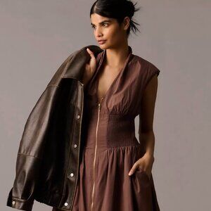 NWT - Anthropologie - The Tommie Cap-Sleeve Smocked Front-Zip Shirt Dress